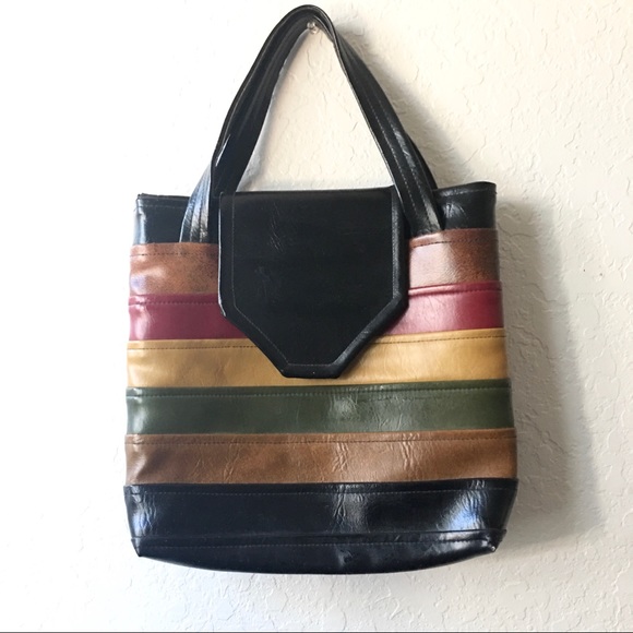 Vintage Handbags - 70s vintage leather vinyl earth tone color block